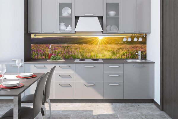 DIMEX | Fototapeta do kuchyne Slnečné lúče nad lúkou KI-260-201 | 260 x 60 cm | žltá, zelená, fialová