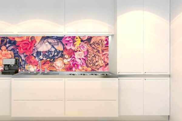 DIMEX | Fototapeta do kuchyne Kvetinové zátišie KI-180-178 | 180 x 60 cm | ružová, marhuľová, modrá, oranžová