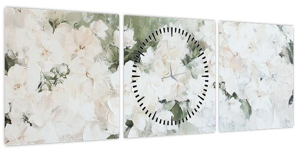 Obraz - Abstrakcia bielych kvetov (s hodinami) (90x30 cm)