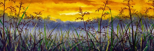DIMEX | Fototapeta do kuchyne Denimová maľba lúčnej trávy KI-180-210 | 180 x 60 cm | žltá, hnedá, modrá, zelená