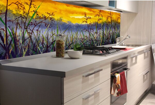 DIMEX | Fototapeta do kuchyne Denimová maľba lúčnej trávy KI-180-210 | 180 x 60 cm | žltá, hnedá, modrá, zelená
