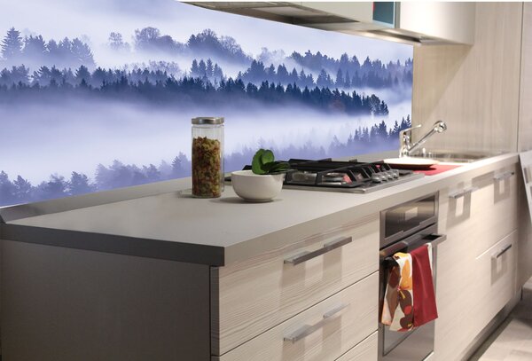 DIMEX | Fototapeta do kuchyne Hmla medzi stromami KI-180-195 | 180 x 60 cm | šedá, modrá, čierna