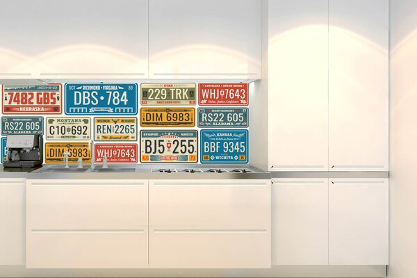 DIMEX | Fototapeta do kuchyne Retro ŠPZ KI-180-227 | 180 x 60 cm | viacfarebná