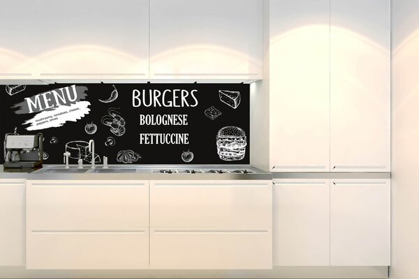 DIMEX | Fototapeta do kuchyne Čierna reštauračná ceduľa KI-180-225 | 180 x 60 cm | čiernobiela