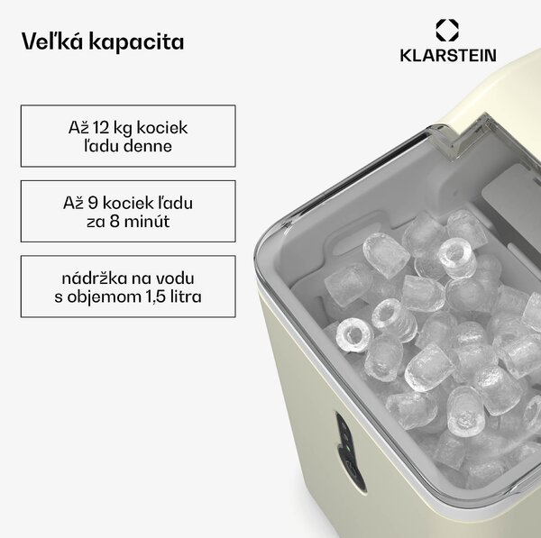 Klarstein ChillOut výrobník ľadových kociek, 12 kg/deň, 9 kociek ľadu za 8 minút, 120 W, nádrž na vodu