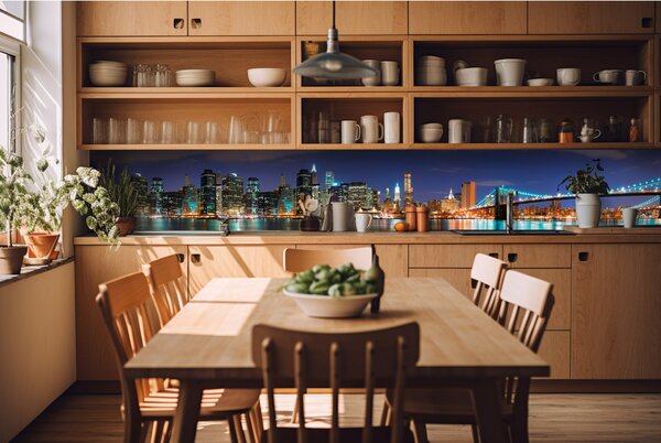 DIMEX | Fototapeta do kuchyne Manhattan KI-420-017 | 420 x 60 cm | modrá, béžová, hnedá