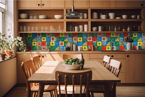 DIMEX | Fototapeta do kuchyne Lisabonská dlažba KI-420-107 | 420 x 60 cm | zelená, viacfarebná, modrá, červená, žltá