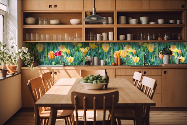 DIMEX | Fototapeta do kuchyne Tulipány KI-420-122 | 420 x 60 cm | zelená, červená, žltá
