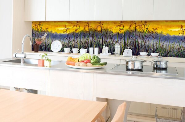 DIMEX | Fototapeta do kuchyne Denimová maľba lúčnej trávy KI-350-210 | 350 x 60 cm | žltá, hnedá, modrá, zelená