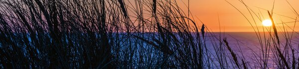 DIMEX | Fototapeta do kuchyne Západ slnka nad oceánom KI-260-203 | 260 x 60 cm | modrá, čierna, oranžová