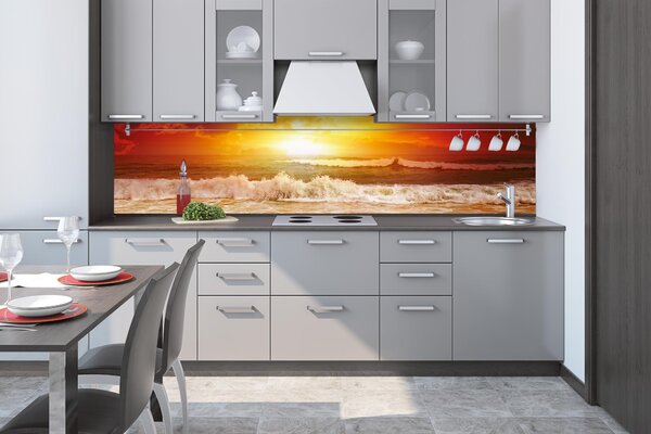 DIMEX | Fototapeta do kuchyne Vlny v západe slnka KI-260-204 | 260 x 60 cm | červená, oranžová, hnedá, žltá