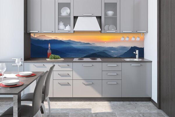 DIMEX | Fototapeta do kuchyne Východ slnka v Himalájach KI-260-202 | 260 x 60 cm | modrá, čierna, žltá