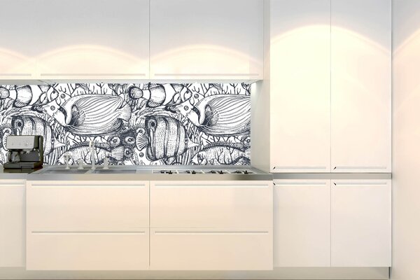 DIMEX | Fototapeta do kuchyne Čiernobiele ryby KI-180-183 | 180 x 60 cm | čiernobiela