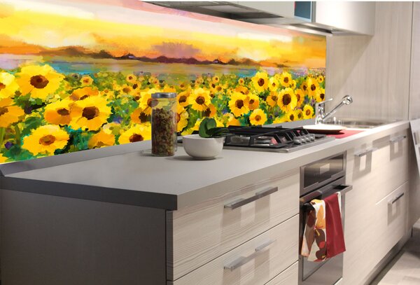 DIMEX | Fototapeta do kuchyne Maľba slnečníc KI-180-214 | 180 x 60 cm | žltá, zelená