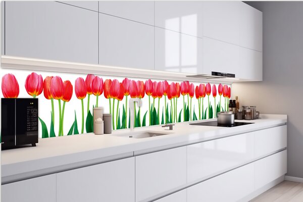 DIMEX | Fototapeta do kuchyne Tulipány KI-420-058 | 420 x 60 cm | zelená, červená