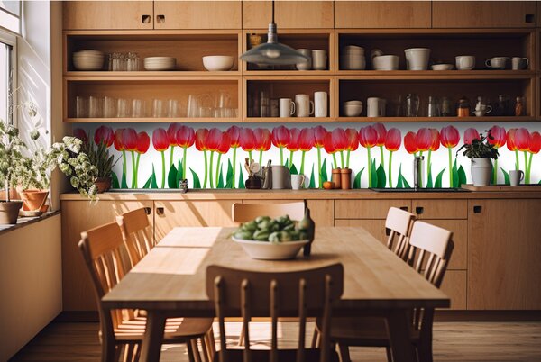 DIMEX | Fototapeta do kuchyne Tulipány KI-420-058 | 420 x 60 cm | zelená, červená