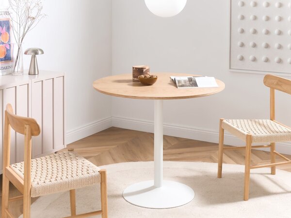 Jedálenský stôl svetlý dub dyha MDF okrúhly tvar ø 90 cm maľovaný povrch podstavec z práškovo lakovaného železa rustikálny boho štýl