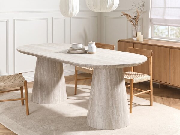 Jedálenský stôl travertínový vzhľad MDF 220 x 95 cm oválny tvar valcovité nohy jedáleň škandinávsky štýl
