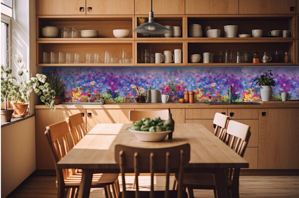 DIMEX | Fototapeta do kuchyne Farebná kvetinová maľba KI-420-217 | 420 x 60 cm | viacfarebná, fialová, modrá