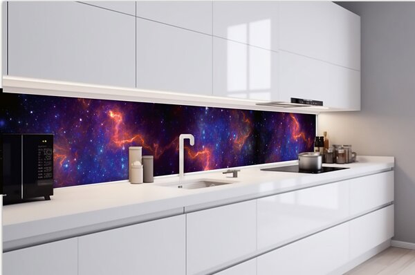 DIMEX | Fototapeta do kuchyne Farebná galaxia KI-420-236 | 420 x 60 cm | modrá, fialová, čierna, oranžová