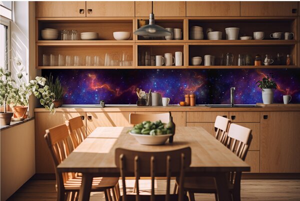 DIMEX | Fototapeta do kuchyne Farebná galaxia KI-420-236 | 420 x 60 cm | modrá, fialová, čierna, oranžová
