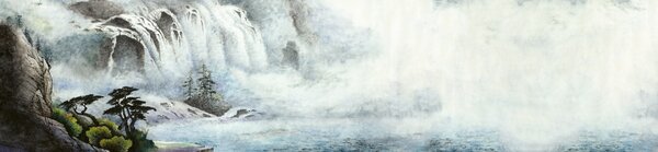 DIMEX | Fototapeta do kuchyne Maľba vodopádu KI-260-190 | 260 x 60 cm | biela, šedá, modrá