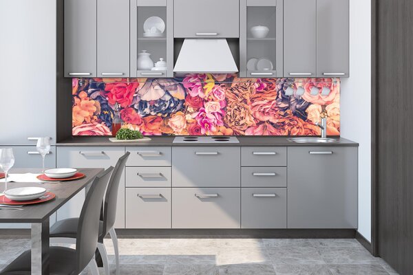DIMEX | Fototapeta do kuchyne Kvetinové zátišie KI-260-178 | 260 x 60 cm | ružová, marhuľová, modrá, oranžová