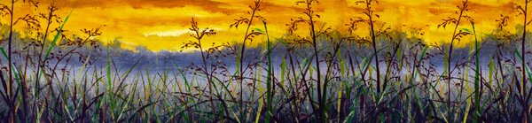 DIMEX | Fototapeta do kuchyne Denimová maľba lúčnej trávy KI-260-210 | 260 x 60 cm | žltá, hnedá, modrá, zelená