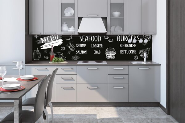 DIMEX | Fototapeta do kuchyne Čierna reštauračná ceduľa KI-260-225 | 260 x 60 cm | čiernobiela