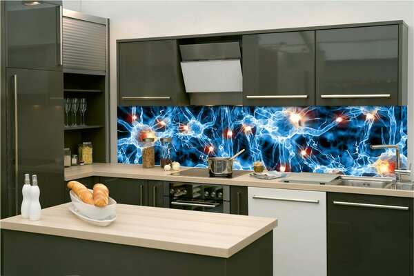 DIMEX | Fototapeta do kuchyne Nervové synapsie KI-260-238 | 260 x 60 cm | modrá, čierna, oranžová