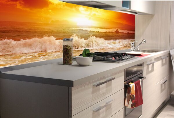 DIMEX | Fototapeta do kuchyne Vlny v západe slnka KI-180-204 | 180 x 60 cm | červená, oranžová, hnedá, žltá