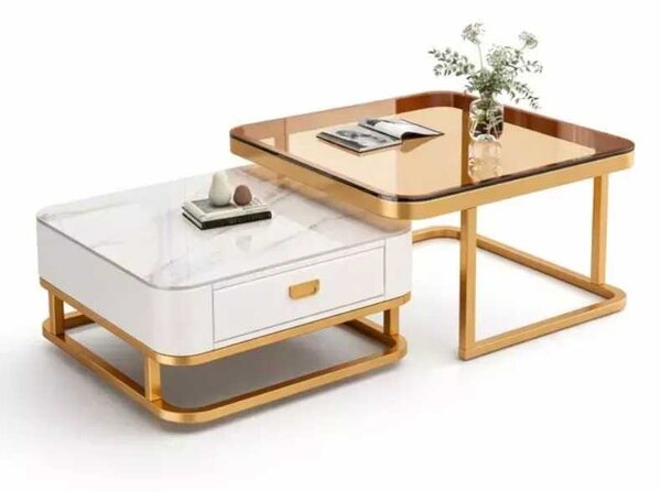 LuxuryForm DESIGN Konferenčný stolík ARAGON 70 × 70 / 60 × 60 cm – zlatý / biely mramor + sklo (set 2 ks)