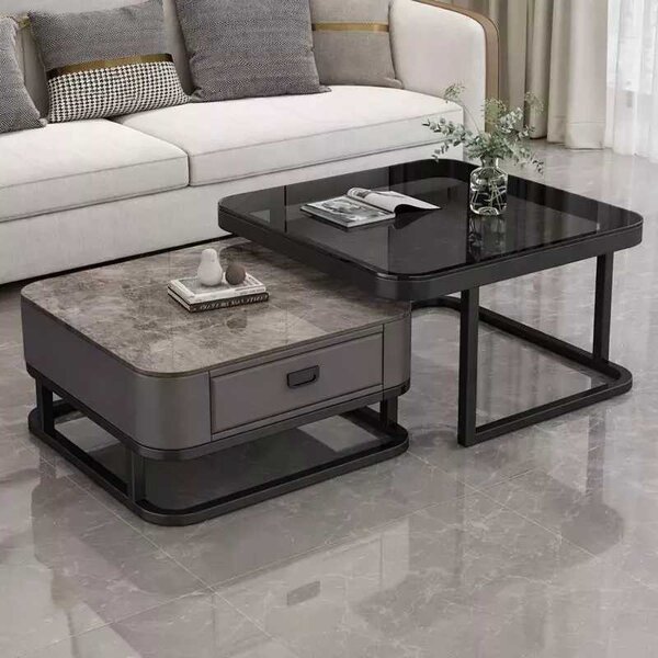 LuxuryForm DESIGN Konferenčný stolík ARAGON 70 × 70 / 60 × 60 cm – sivý / sivý mramor + sklo (set 2 ks)