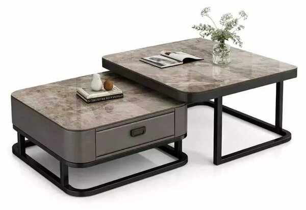LuxuryForm DESIGN Konferenčný stolík ARAGON 70 × 70 / 60 × 60 cm – sivý / sivý mramor (set 2 ks)