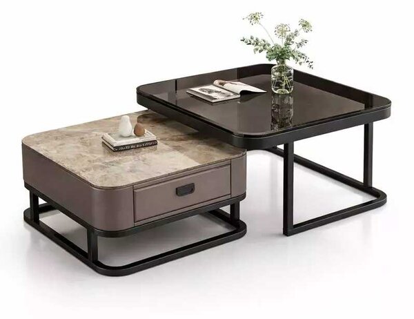 LuxuryForm DESIGN Konferenčný stolík ARAGON 70 × 70 / 60 × 60 cm – sivý / sivý mramor + sklo (set 2 ks)