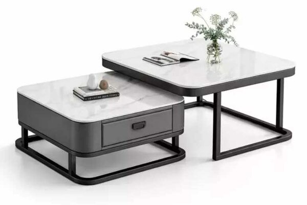 LuxuryForm DESIGN Konferenčný stolík ARAGON 70 × 70 / 60 × 60 cm – sivý / biely mramor (set 2 ks)