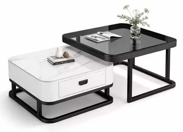 LuxuryForm DESIGN Konferenčný stolík ARAGON 70 × 70 / 60 × 60 cm – biely / biely mramor + sklo (set 2 ks)