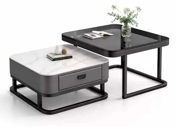 LuxuryForm DESIGN Konferenčný stolík ARAGON 70 × 70 / 60 × 60 cm – sivý / biely mramor + sklo (set 2 ks)