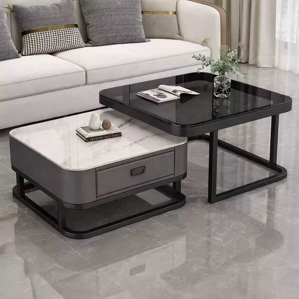 LuxuryForm DESIGN Konferenčný stolík ARAGON 70 × 70 / 60 × 60 cm – sivý / biely mramor + sklo (set 2 ks)