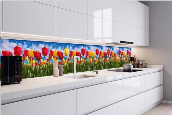 DIMEX | Fototapeta do kuchyne Tulipánové pole KI-420-131 | 420 x 60 cm | zelená, modrá, červená, žltá