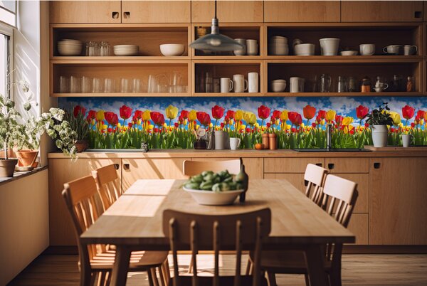DIMEX | Fototapeta do kuchyne Tulipánové pole KI-420-131 | 420 x 60 cm | zelená, modrá, červená, žltá