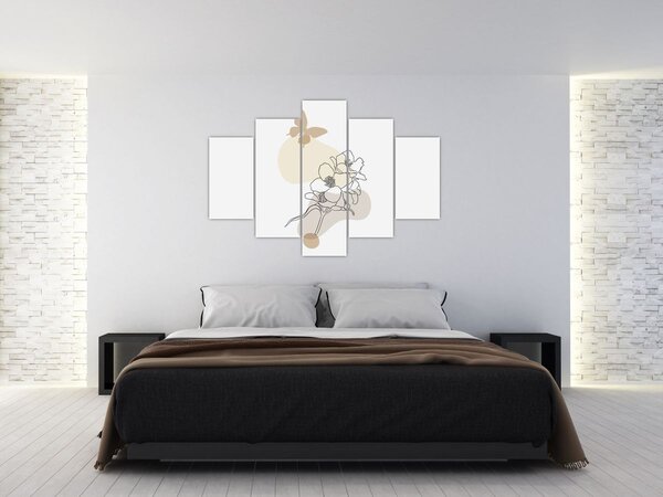 Obraz - Béžové kvety s motýľom N⁰3 (150x105 cm)