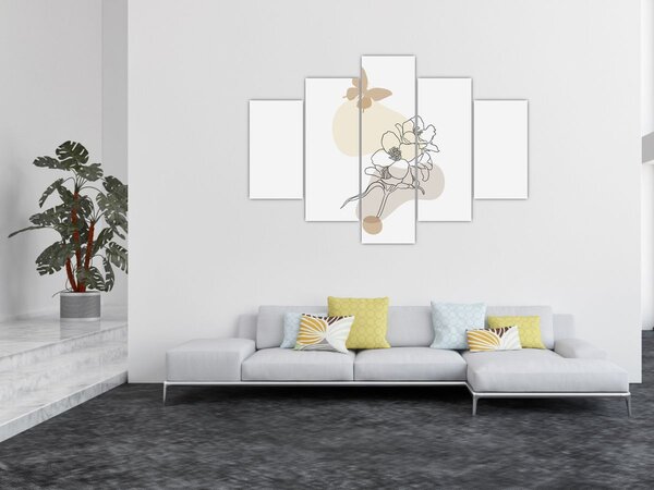 Obraz - Béžové kvety s motýľom N⁰3 (150x105 cm)