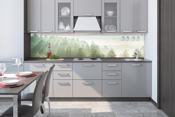 DIMEX | Fototapeta do kuchyne Slnečné lúče nad lesom KI-260-196 | 260 x 60 cm | zelená, biela, krémová
