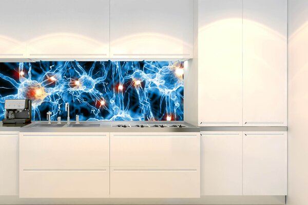 DIMEX | Fototapeta do kuchyne Nervové synapsie KI-180-238 | 180 x 60 cm | modrá, čierna, oranžová