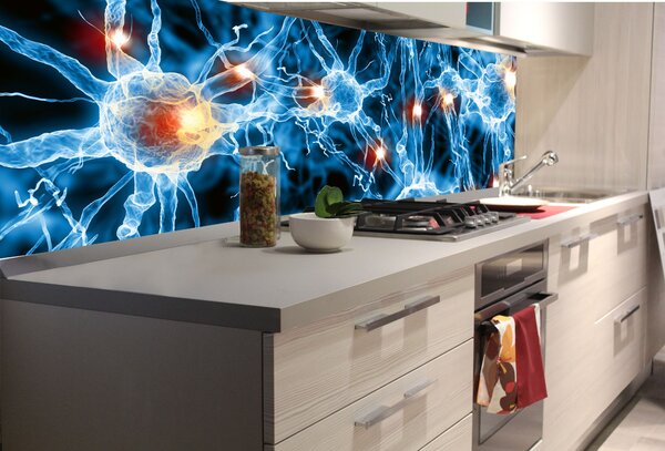 DIMEX | Fototapeta do kuchyne Nervové synapsie KI-180-238 | 180 x 60 cm | modrá, čierna, oranžová