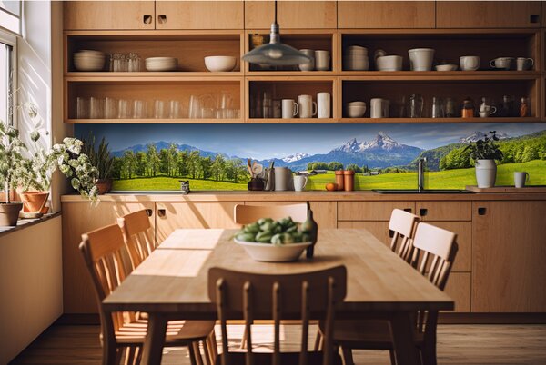 DIMEX | Fototapeta do kuchyne Pohľad na Alpy KI-420-135 | 420 x 60 cm | zelená, modrá, biela, hnedá