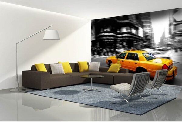 DIMEX | Vliesové fototapety na stenu Žlté taxi MS-5-0007 | 375 x 250 cm | čiernobiela, žltá