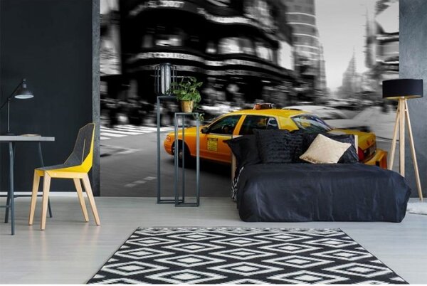DIMEX | Vliesové fototapety na stenu Žlté taxi MS-5-0007 | 375 x 250 cm | čiernobiela, žltá