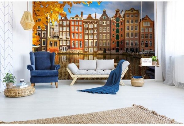 DIMEX | Vliesové fototapety na stenu Domy v Amsterdame MS-5-0024 | 375 x 250 cm | modrá, biela, oranžová, hnedá